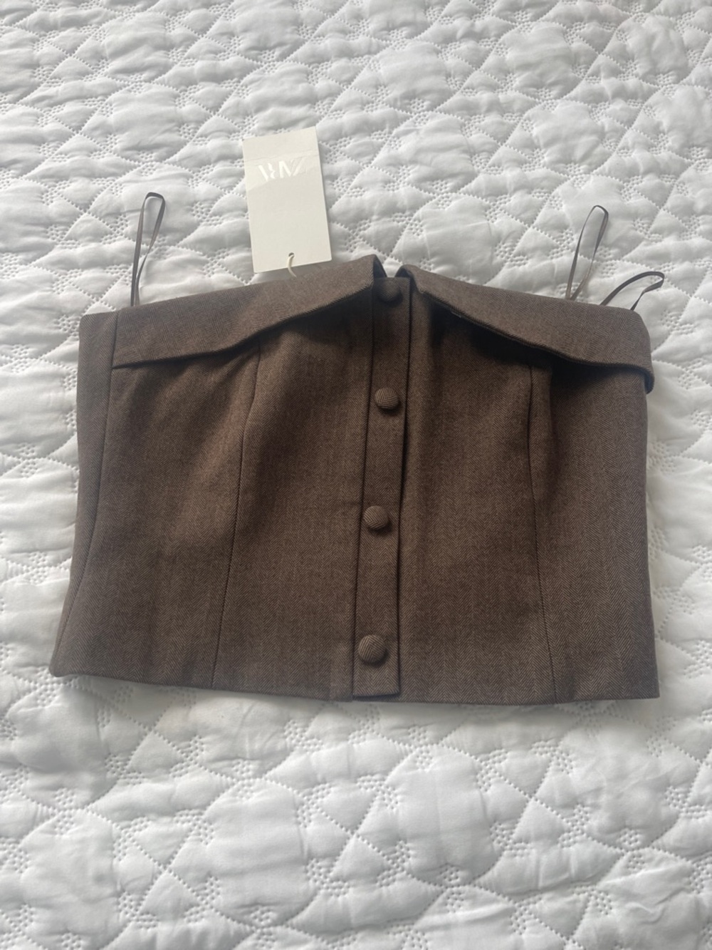 Zara Brown Off-Shoulder Button-Front Crop Top